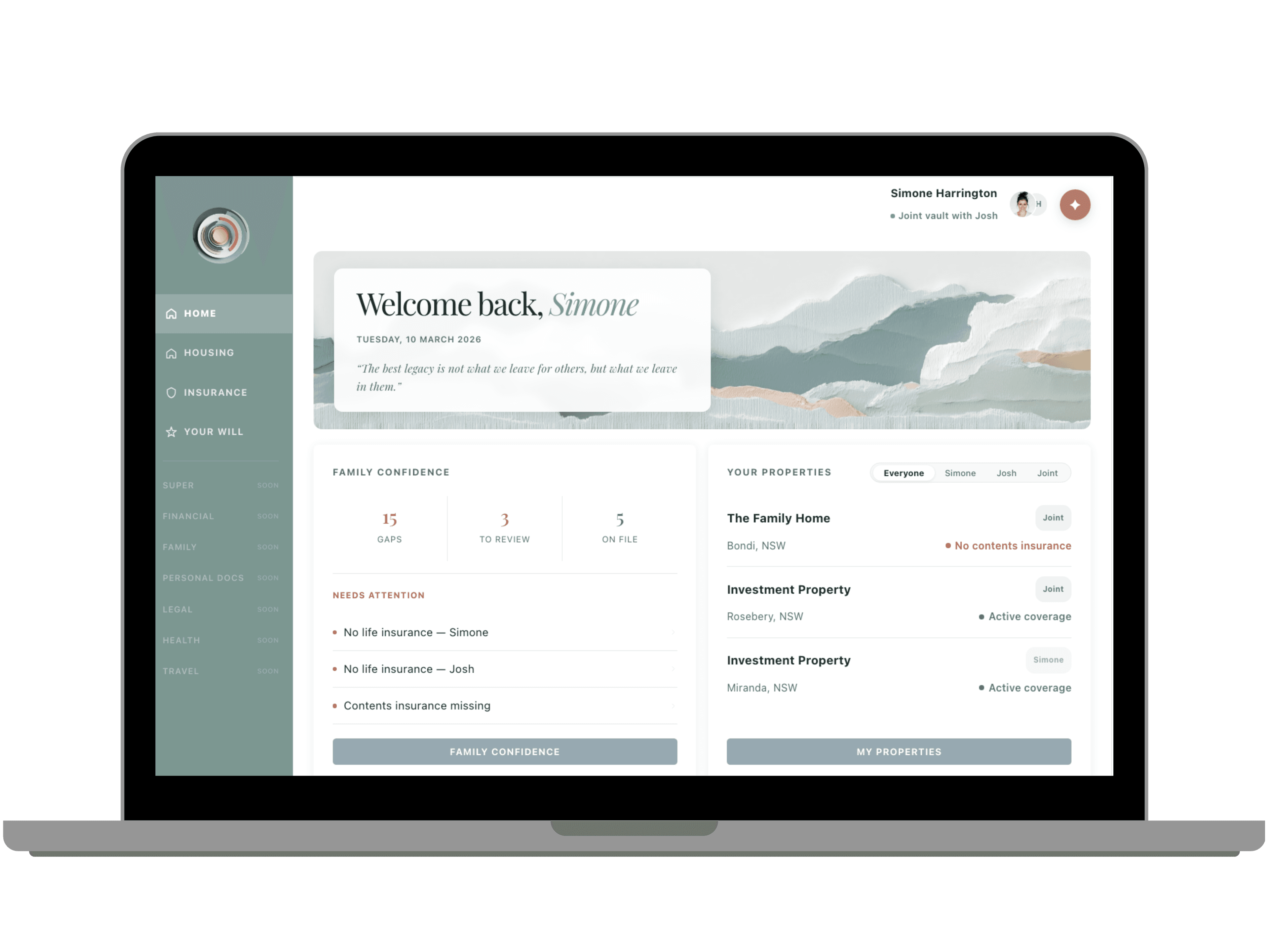 Tribu dashboard showing insurance vault with coverage gaps and policy cards