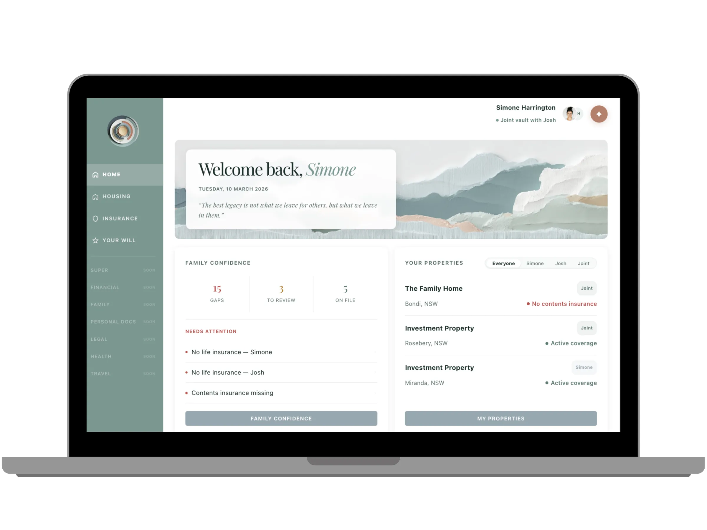 Tribu dashboard showing insurance home with coverage gaps and policy cards