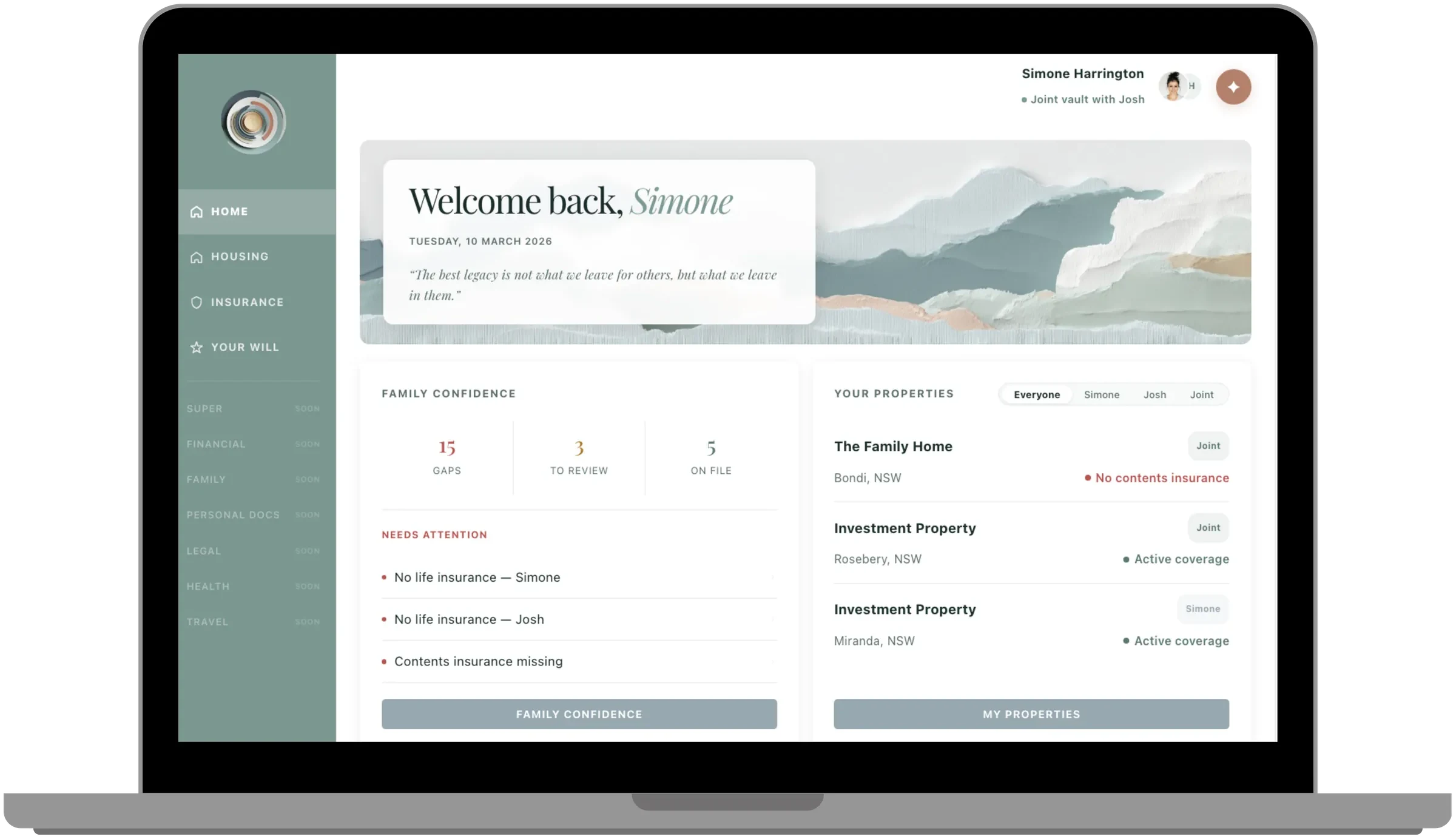 Tribu dashboard showing insurance home with coverage gaps and policy cards