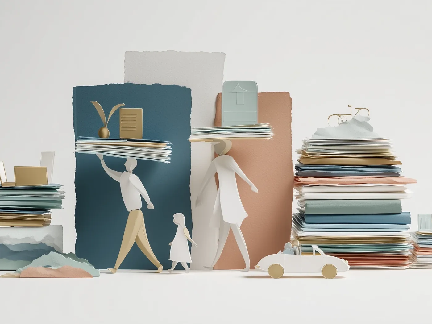 Paper-craft illustration of a family carrying tall stacks of household paperwork