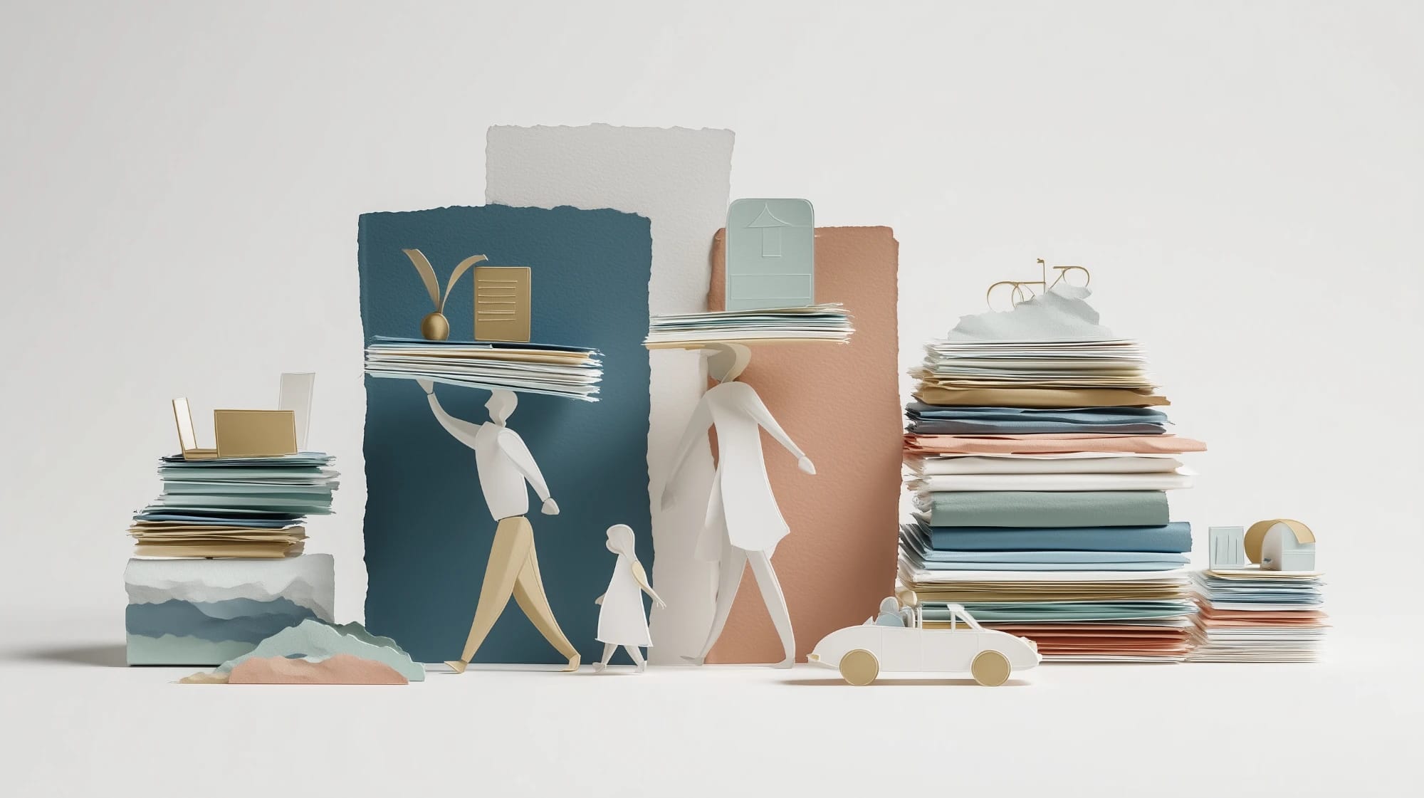 Paper-craft illustration of a family carrying tall stacks of household paperwork