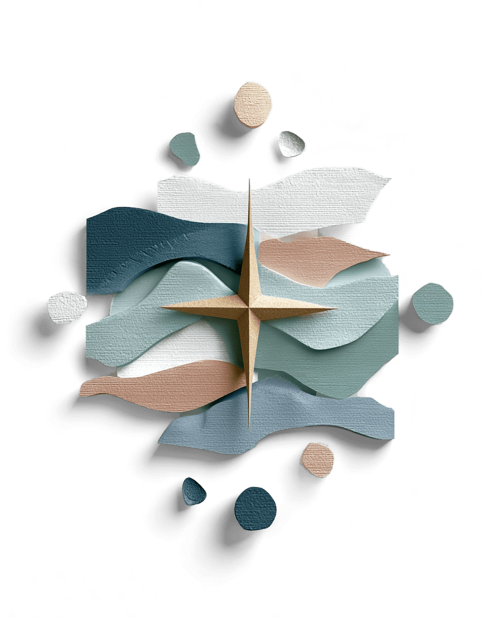 Layered paper-craft artwork of a compass star set into torn paper waves